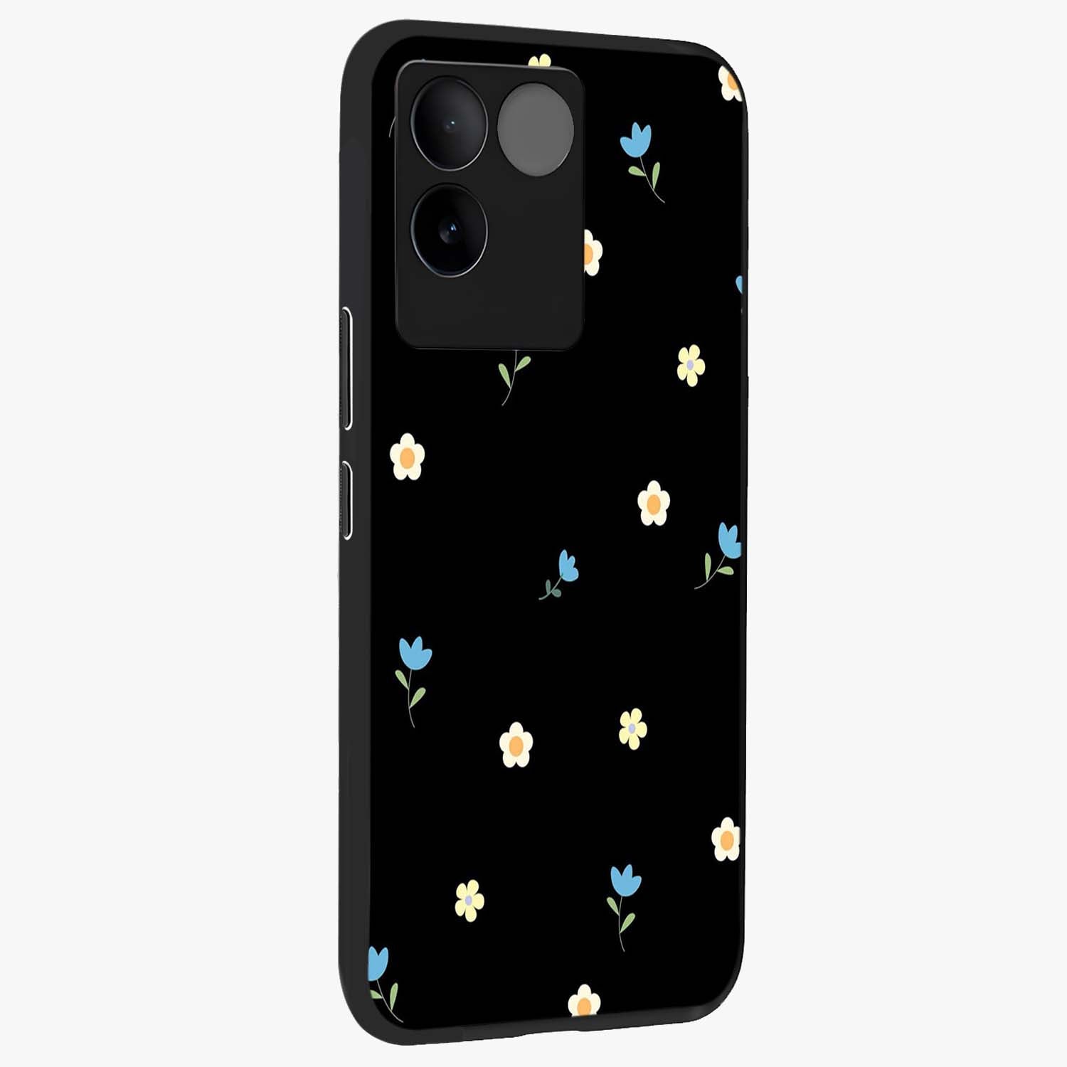 Minimal Petal Whispers Glass Case upright view showcasing elegant floral artwork with modern minimalist style.