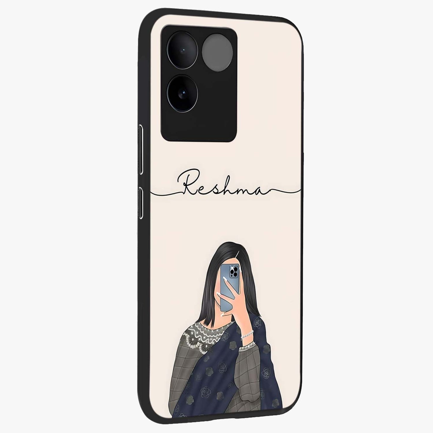 Mirror Mood Muse With Custom Name Glass Case upright view showcasing artistic mirror themed artwork with personalized aesthetic.