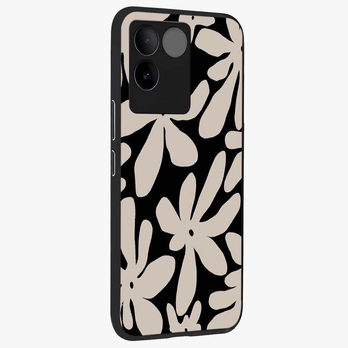Monochrome Petal Dance Glass Case upright view showcasing artistic floral pattern with stylish monochrome theme.
