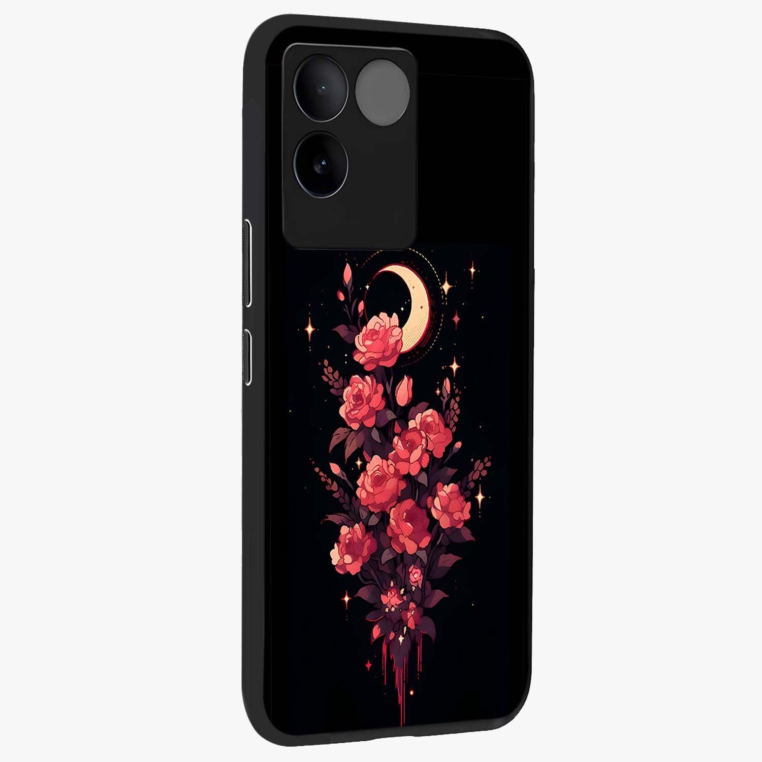 Moonlit Floral Elegance Glass Case upright view showcasing delicate floral artwork with refined night inspired theme.