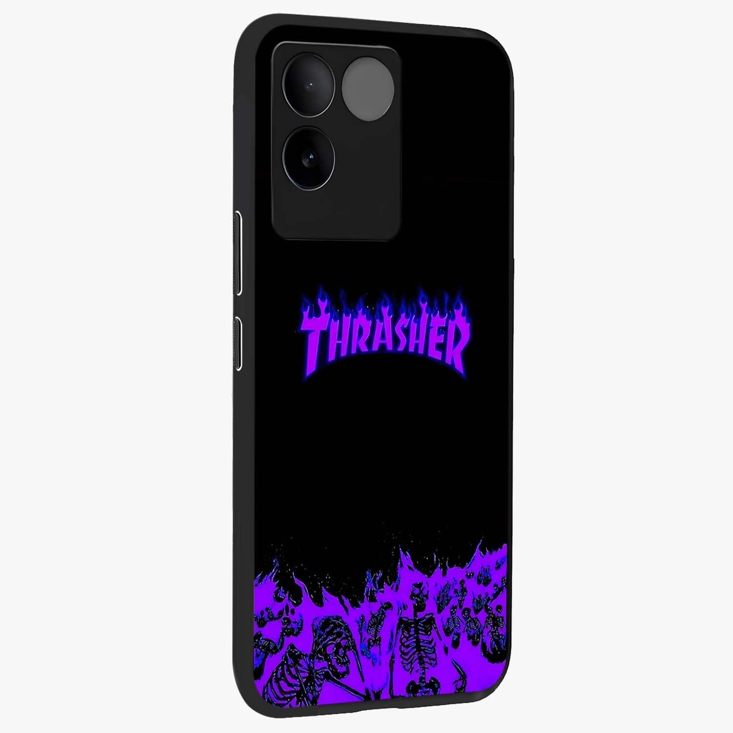 Neon Flame Riot Glass Case upright view showcasing dynamic flame artwork with energetic neon theme.