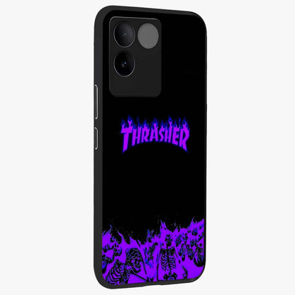 Neon Flame Riot Glass Case upright view showcasing dynamic flame artwork with energetic neon theme.