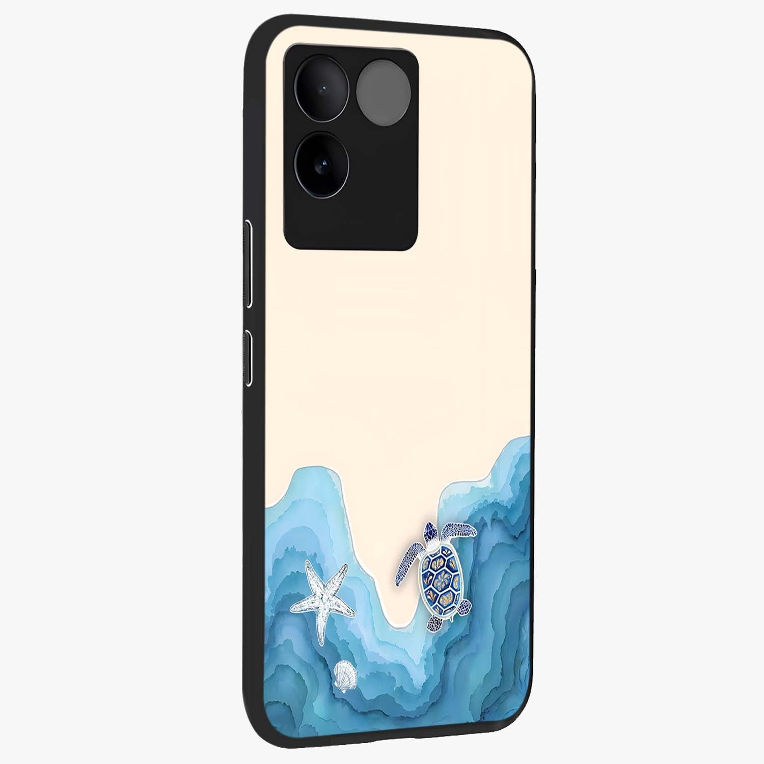 Ocean Drift Turtle Glass Case upright view showcasing calm underwater turtle artwork with nature inspired theme.