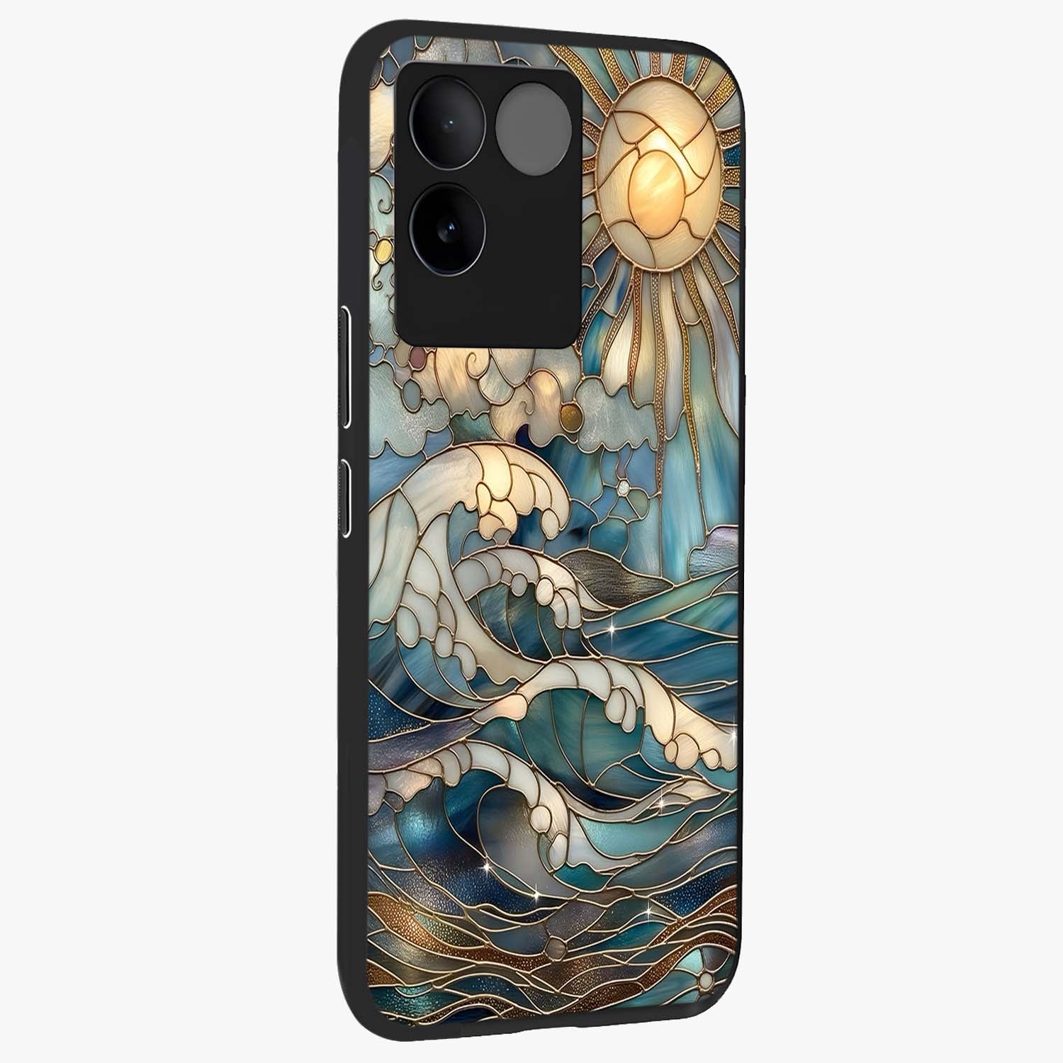 Oceanic Stained Printed Glass Case upright view showcasing decorative ocean pattern artwork with vibrant marine theme.