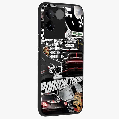 Porsche Racing Collage Glass Case upright view showcasing energetic car collage artwork with high speed racing theme.