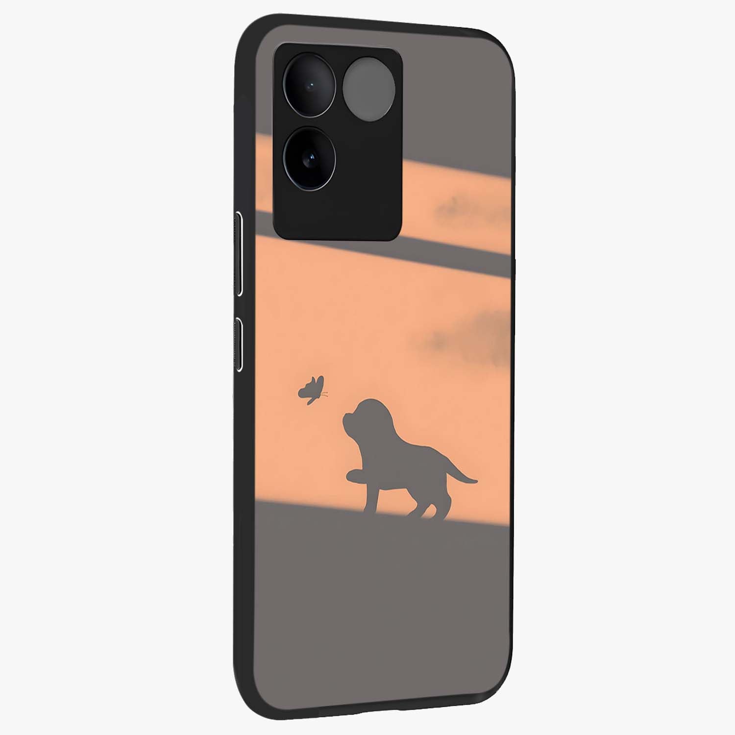 Puppy Shadow Art Glass Case upright view showcasing charming puppy artwork with creative silhouette theme.