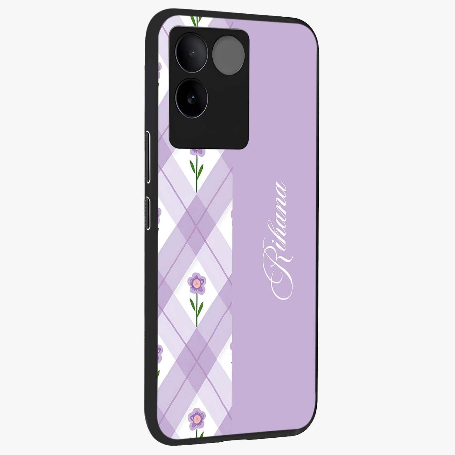 Purple Diamond Floral Glass Case upright view showcasing vibrant floral artwork with stylish geometric theme.