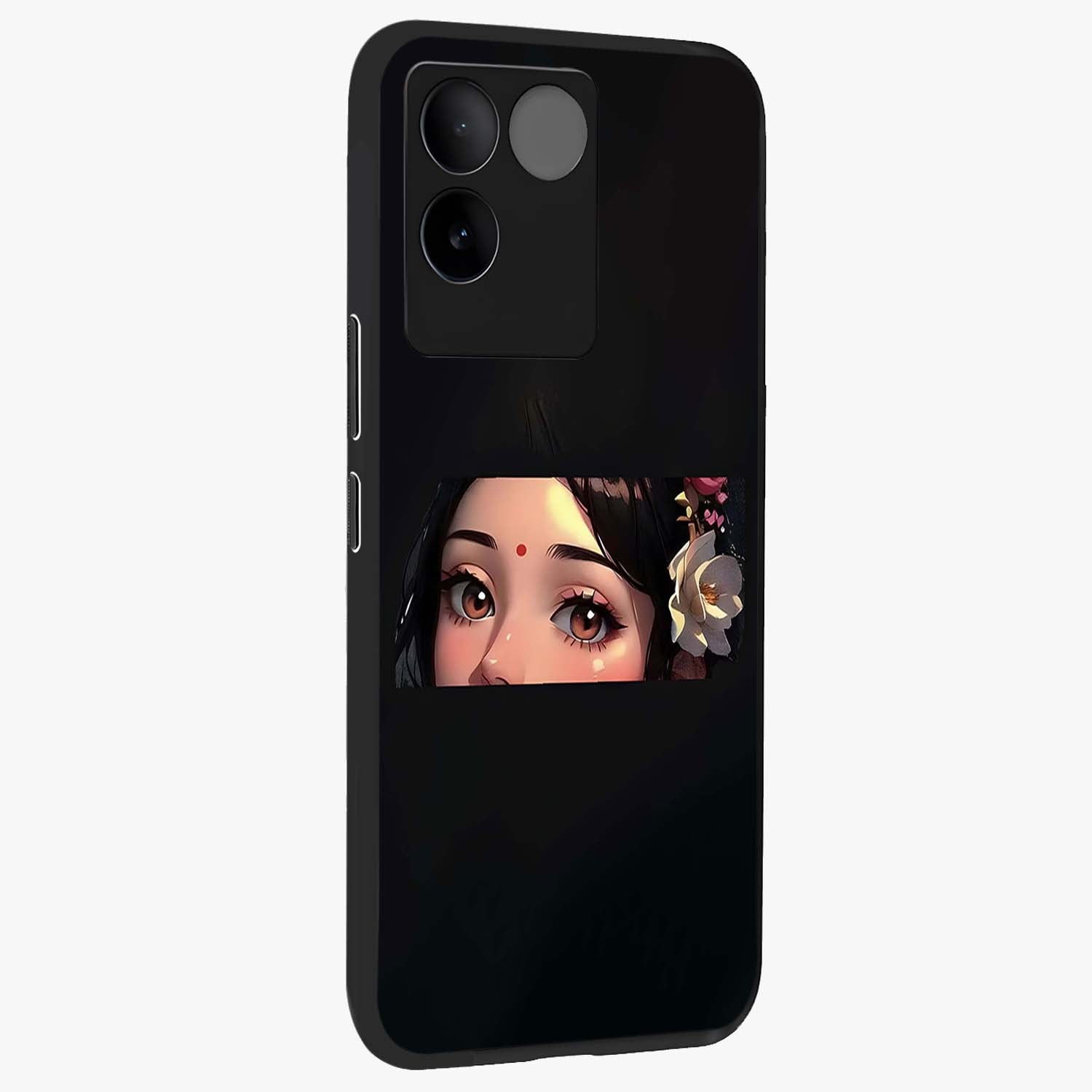 Radha Divine Embrace Glass Case upright view showcasing sacred Radha themed artwork with peaceful devotional style.
