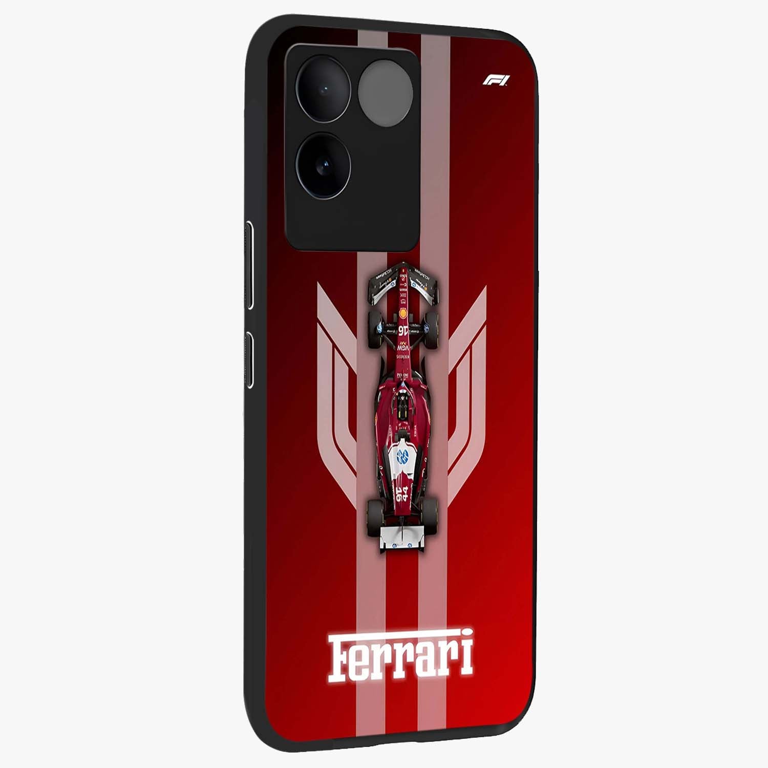 Red Ferrari F1 Vertical Glass Case upright view showcasing powerful Formula car artwork with dynamic motorsport theme.
