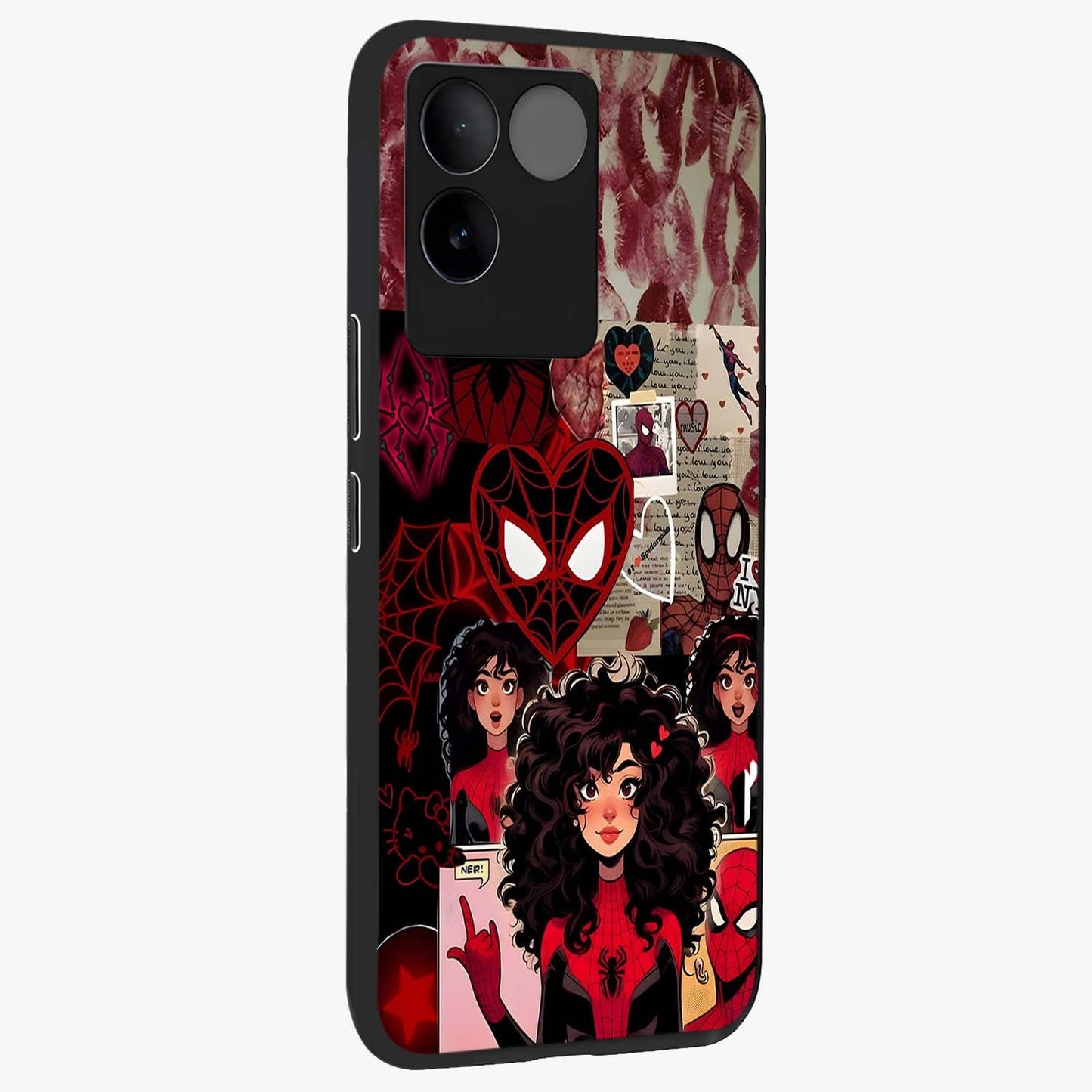 Spider Love Story Glass Case upright view showcasing charming superhero artwork with romantic comic theme.
