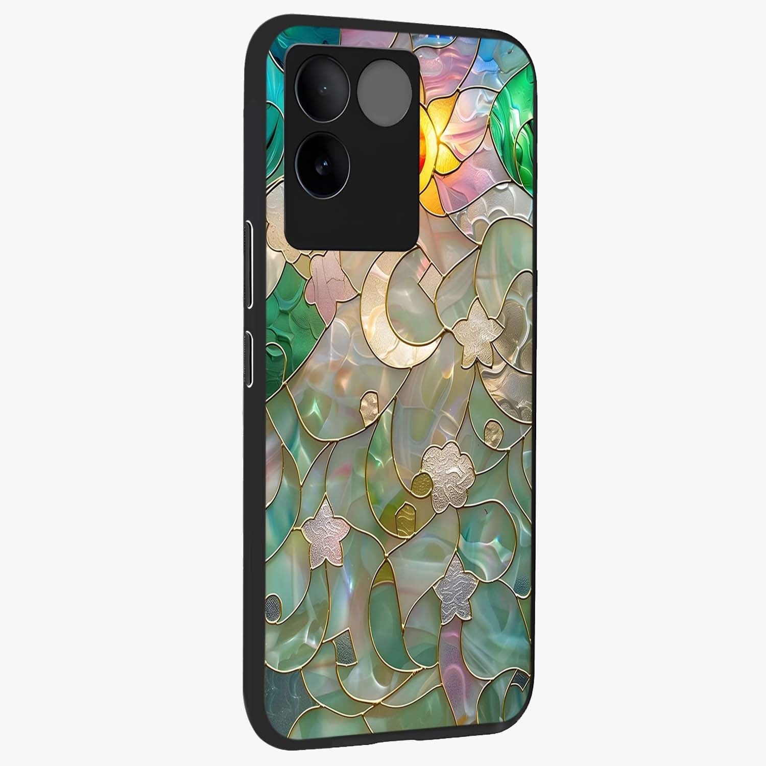 Stained Sunrise Glow Glass Case upright view showcasing colorful sunrise artwork with warm morning theme.