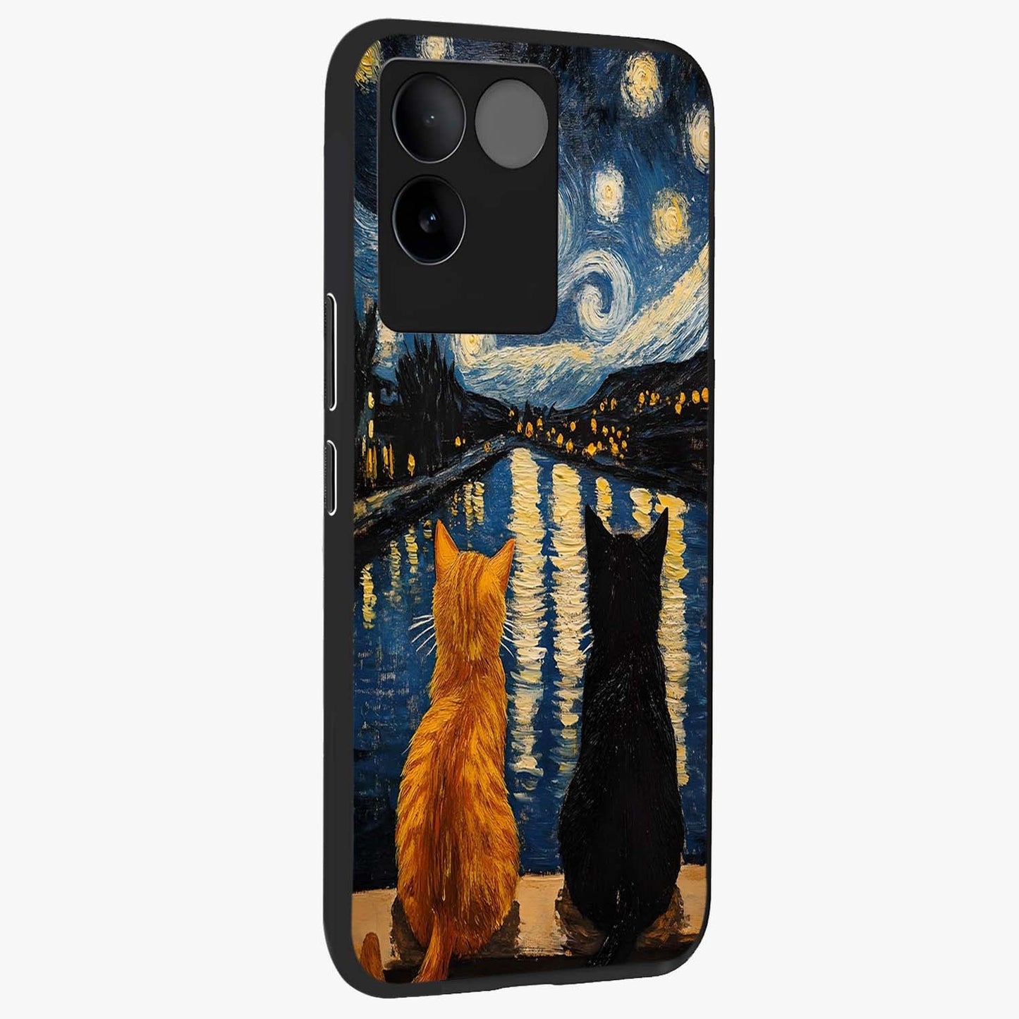 Starry River Cats Glass Case upright view showcasing adorable cat artwork with magical river and stars theme.