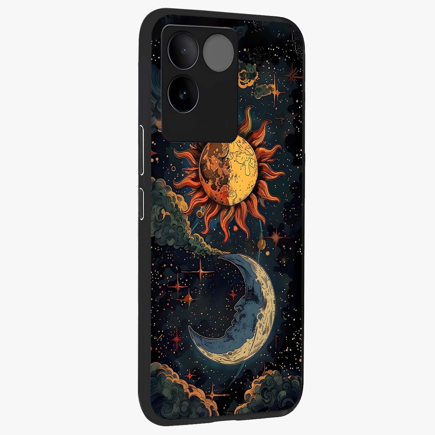 Sun And Moon Magic Design Glass Case upright view showcasing decorative sun and moon artwork with spiritual celestial theme.