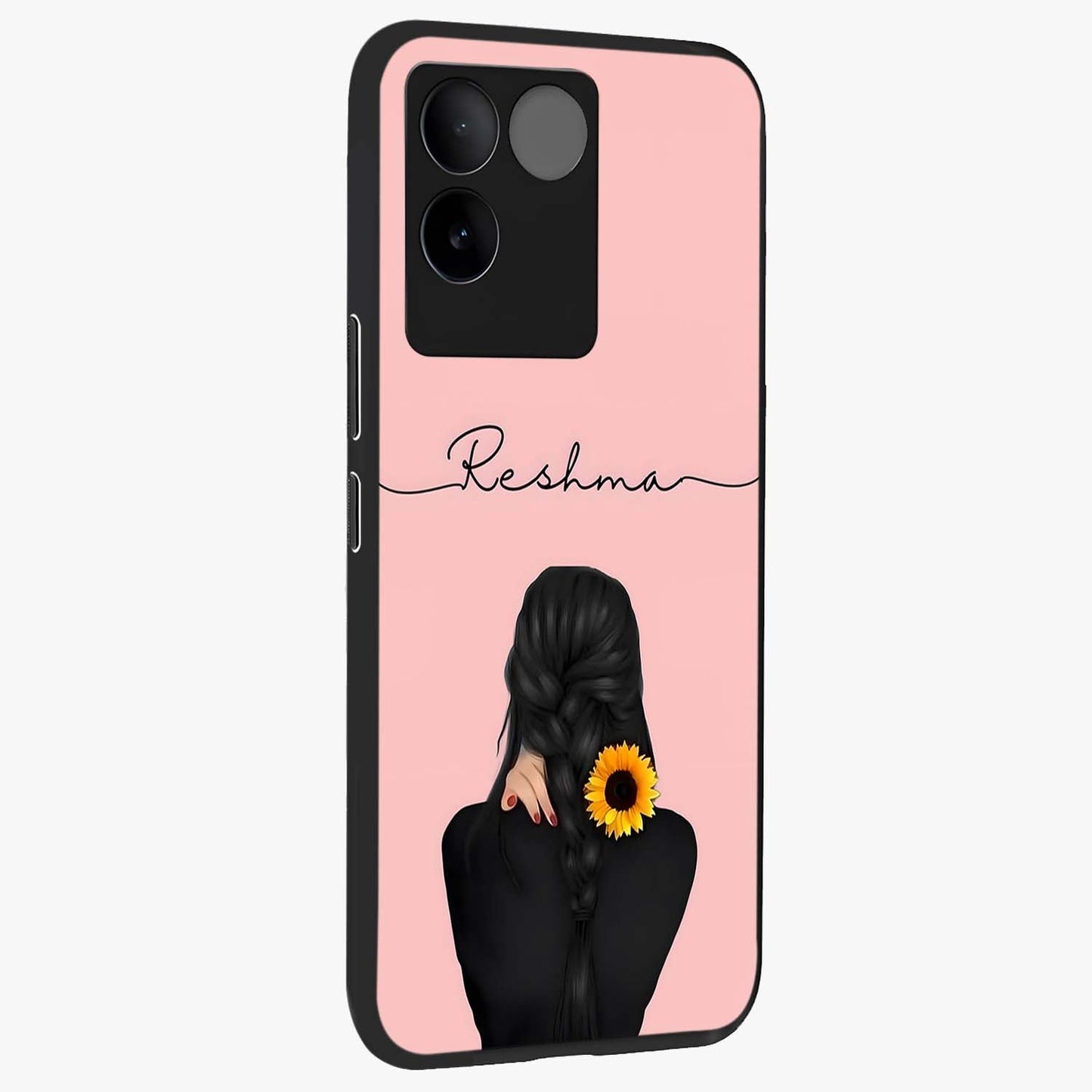 Sunflower Braid Beauty With Custom Name Glass Case upright view showcasing bright sunflower artwork with personalized floral aesthetic.