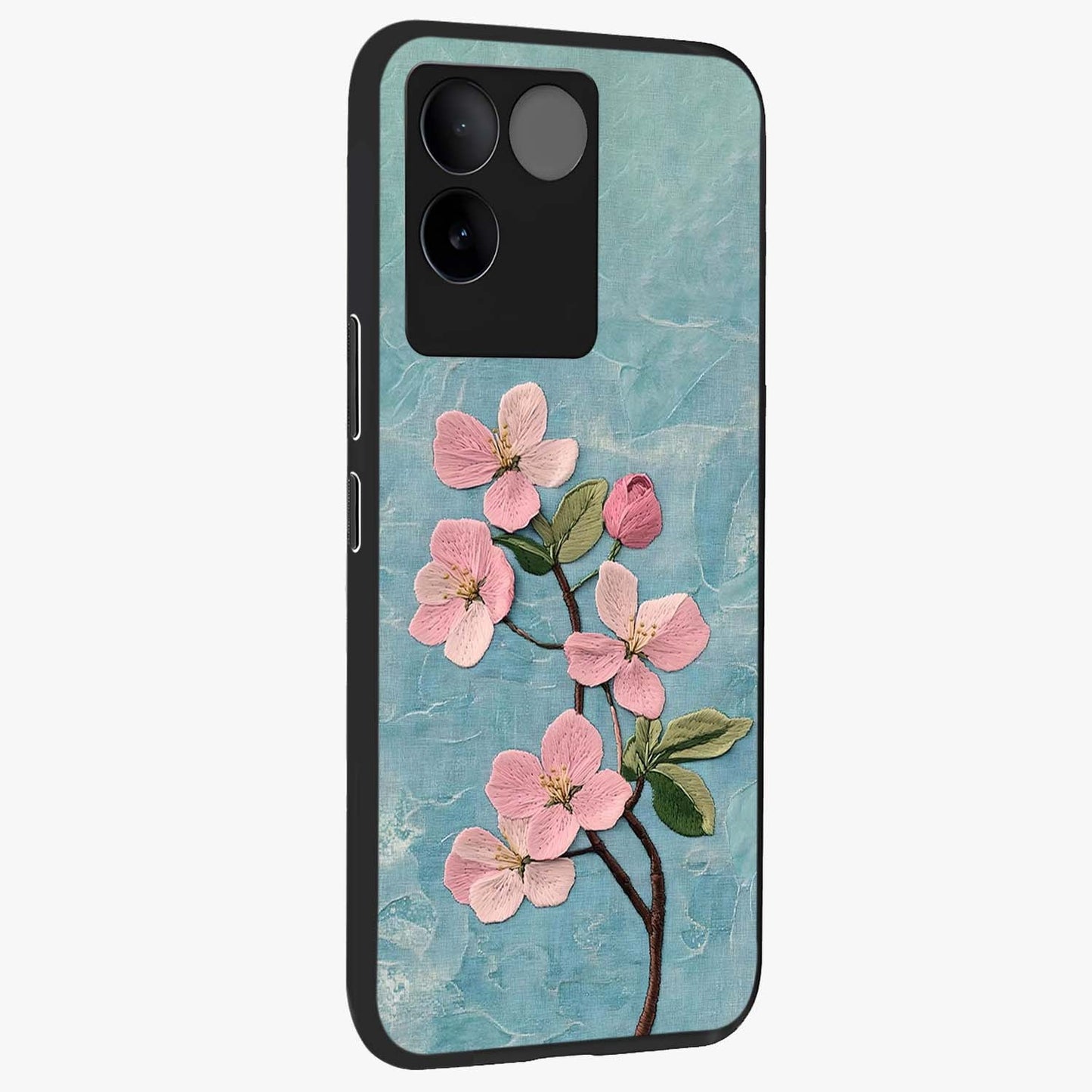 Threaded Blossom Breeze Glass Case upright view showcasing graceful flower artwork with calm botanical theme.
