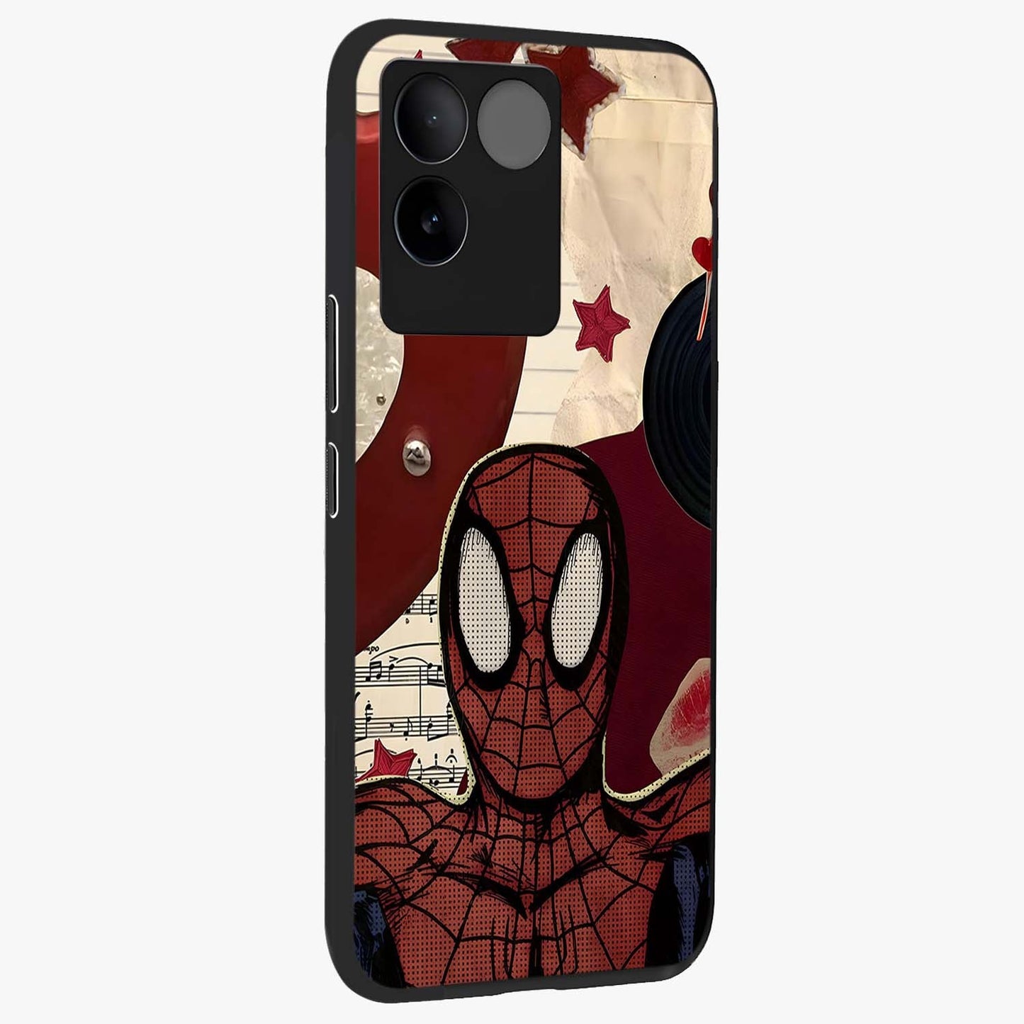 Web Warrior Vibes Glass Case upright view showcasing energetic superhero artwork with bold action theme.