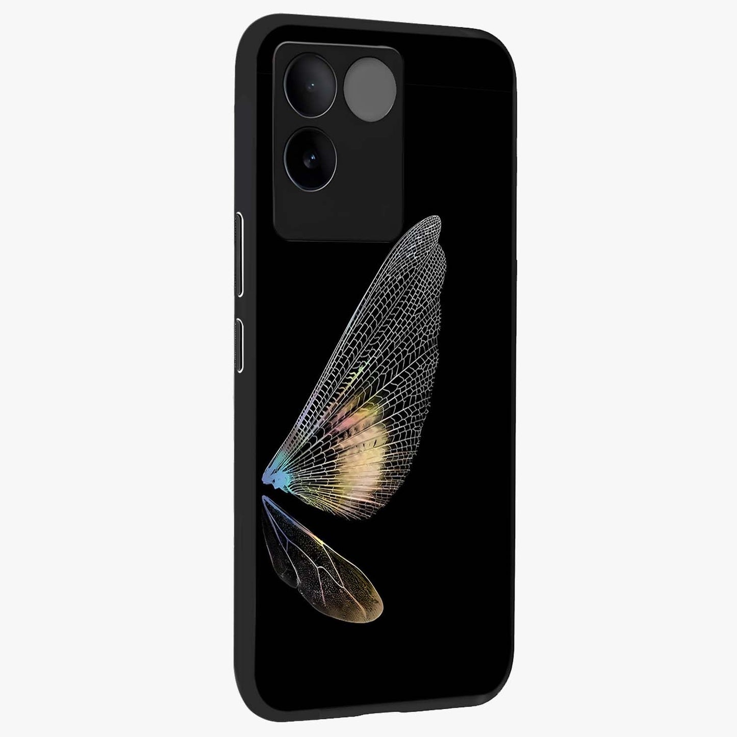 Whispers Of Wings Glass Case upright view showcasing elegant wing artwork with light airy theme.