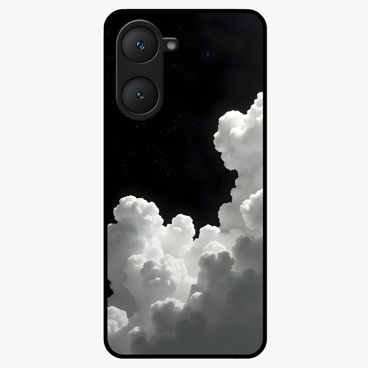 Black Background With White Cloud Glass Case showing flat back view with minimal cloud artwork on dark background and glossy glass finish.