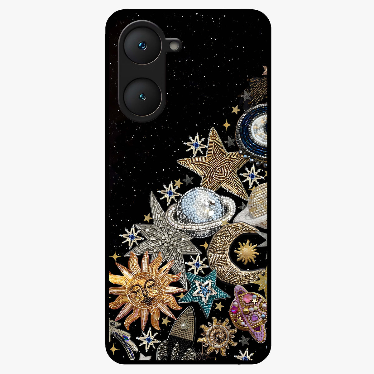 Cosmic Sparkle Dreams Glass Case showing flat back view with sparkling cosmic artwork and glossy glass finish.