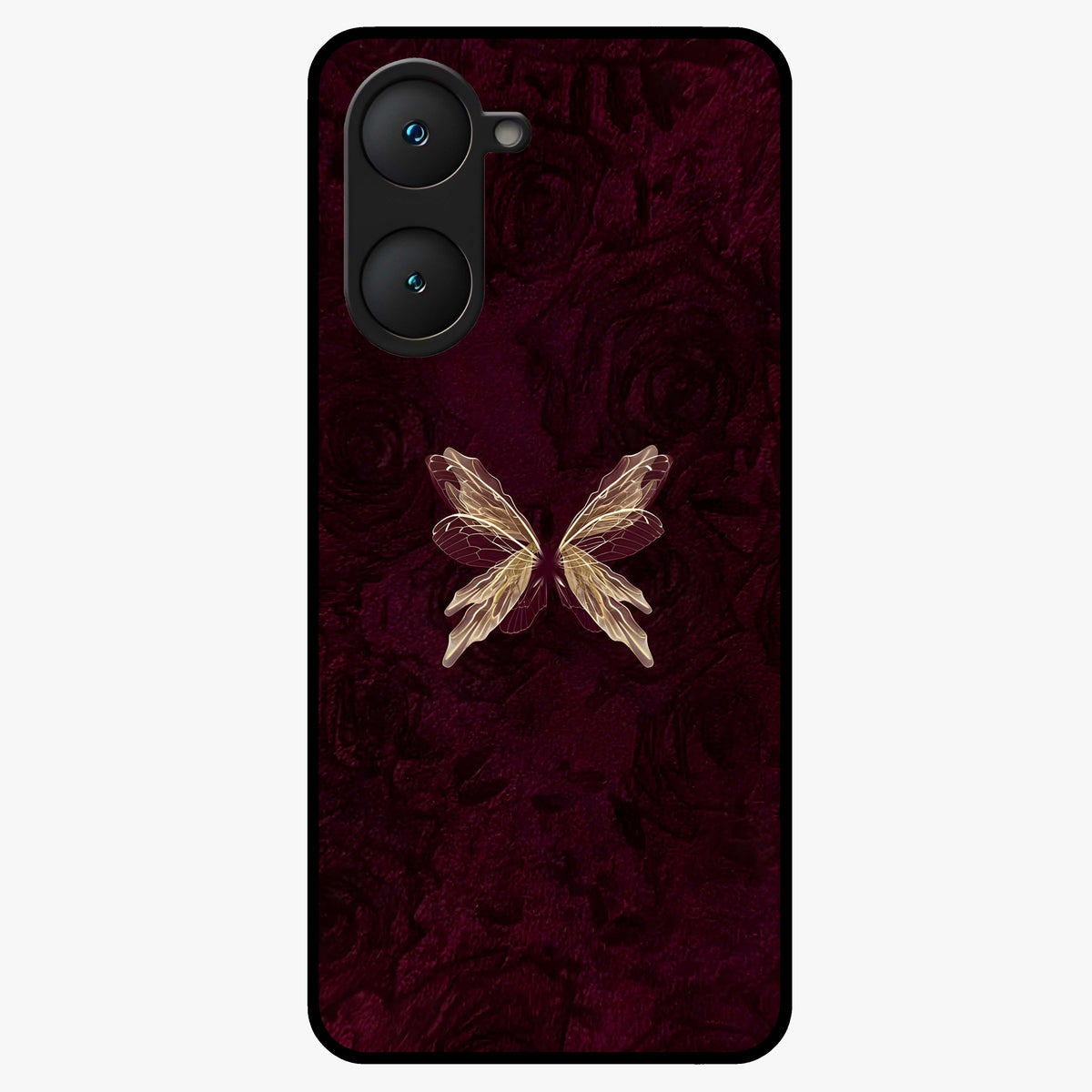 Crimson Fade Butterfly Glass Case showing flat back view with fading butterfly artwork and glossy glass finish.