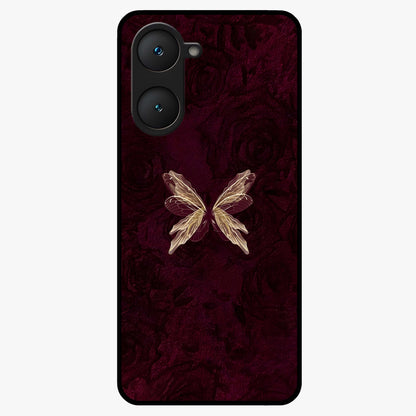 Crimson Fade Butterfly Glass Case showing flat back view with fading butterfly artwork and glossy glass finish.