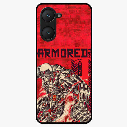 Crimson Mecha Titan Glass Case showing flat back view with powerful mech titan artwork and glossy glass finish.