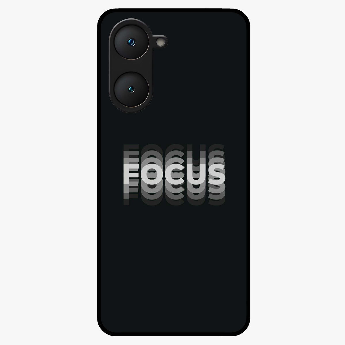 Focus Mode On Glass Case showing flat back view with bold motivational typography design and glossy glass finish.