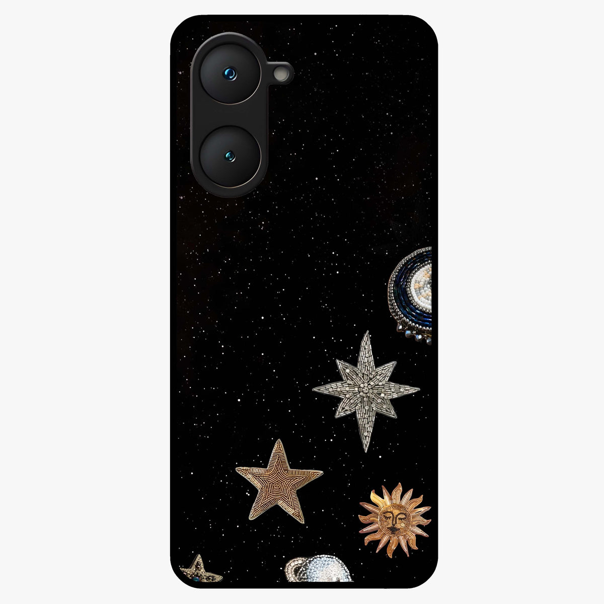 Galactic Charm Glow Glass Case showing flat back view with glowing celestial charm artwork and glossy glass finish.