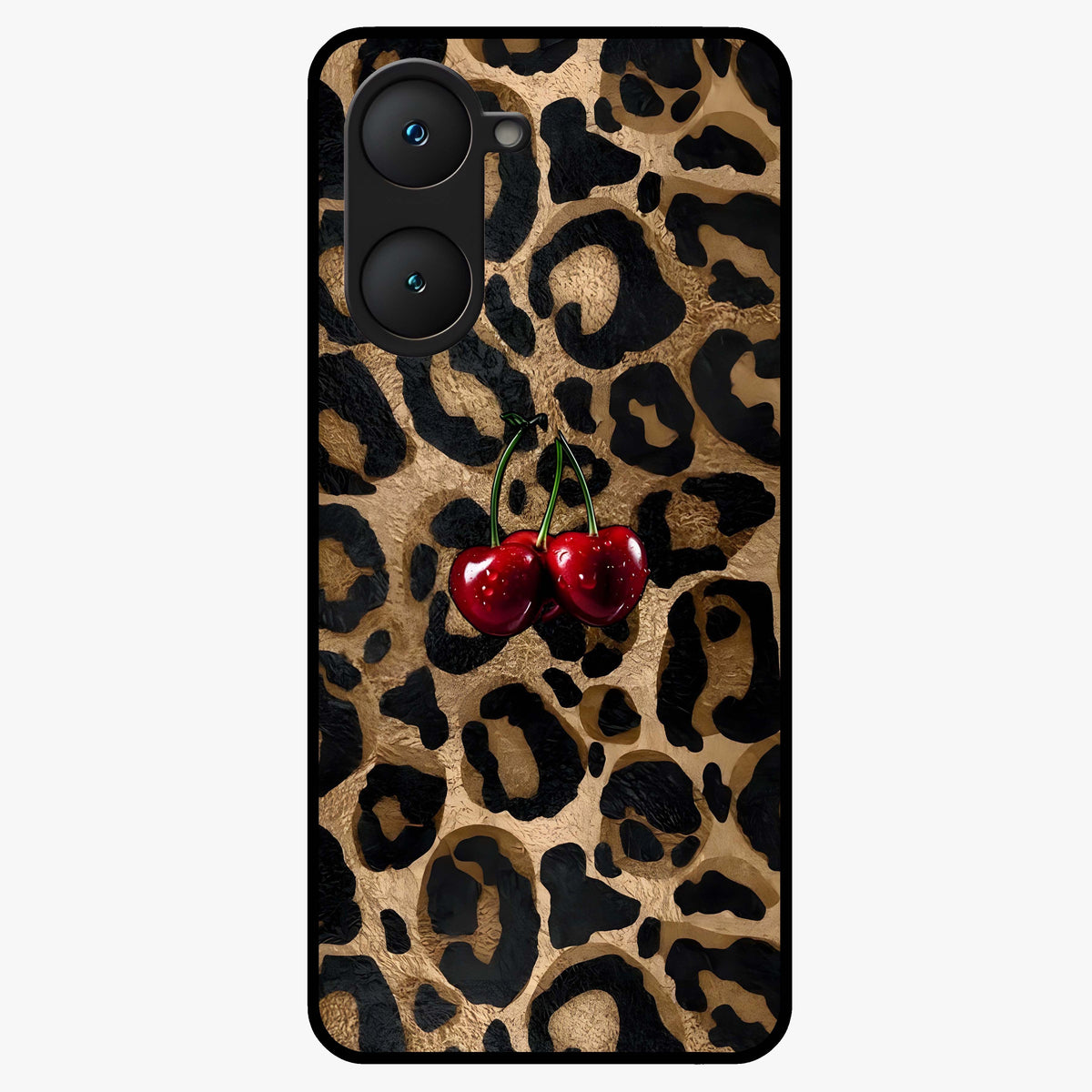 Leopard Wild Cherry Glass Case showing flat back view with leopard pattern and cherry artwork and glossy glass finish.