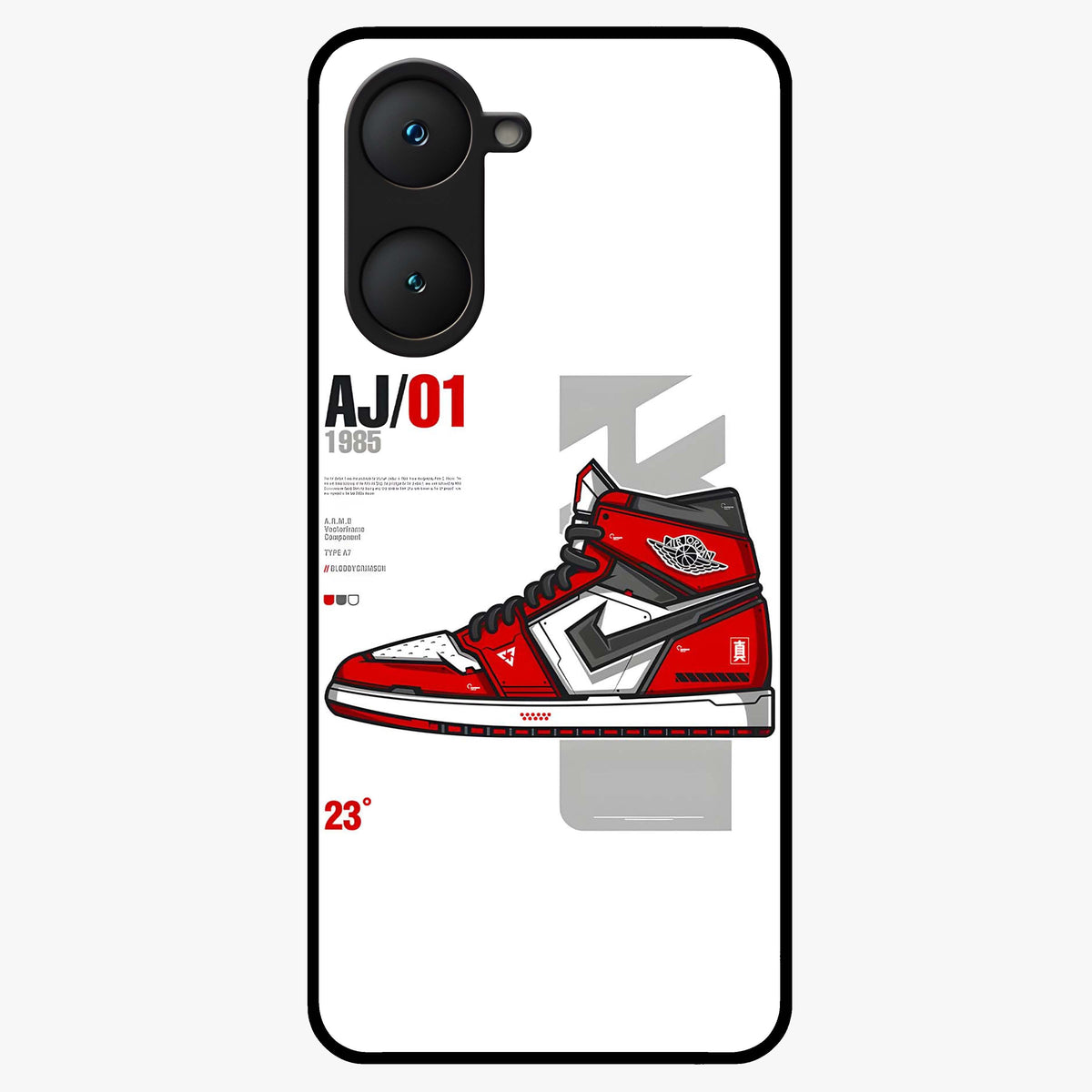 Retro Sneaker Blueprint Glass Case showing flat back view with sneaker blueprint style artwork and glossy glass finish.