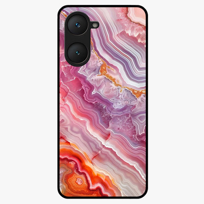 Rose Quartz Marble Glass Case showing flat back view with pink marble quartz texture artwork and glossy glass finish.