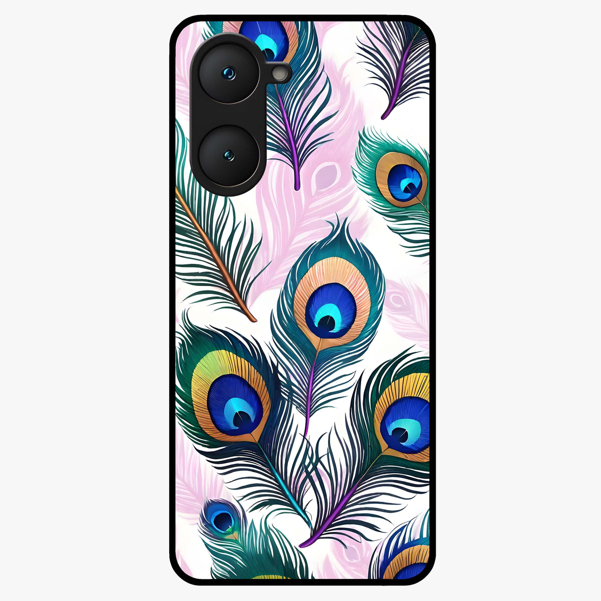 Royal Peacock Feathers Glass Case showing flat back view with colorful peacock feather artwork and glossy glass finish.