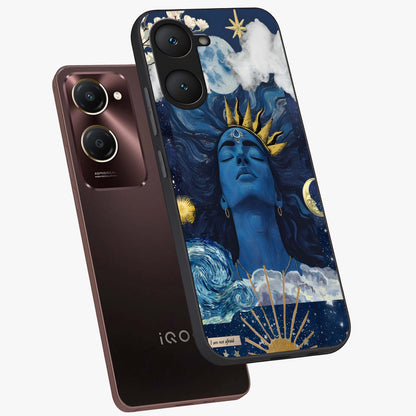 Aesthetic Lord Shiva Glass Case displayed in angled mockup highlighting spiritual Shiva illustration and sacred aesthetic design.