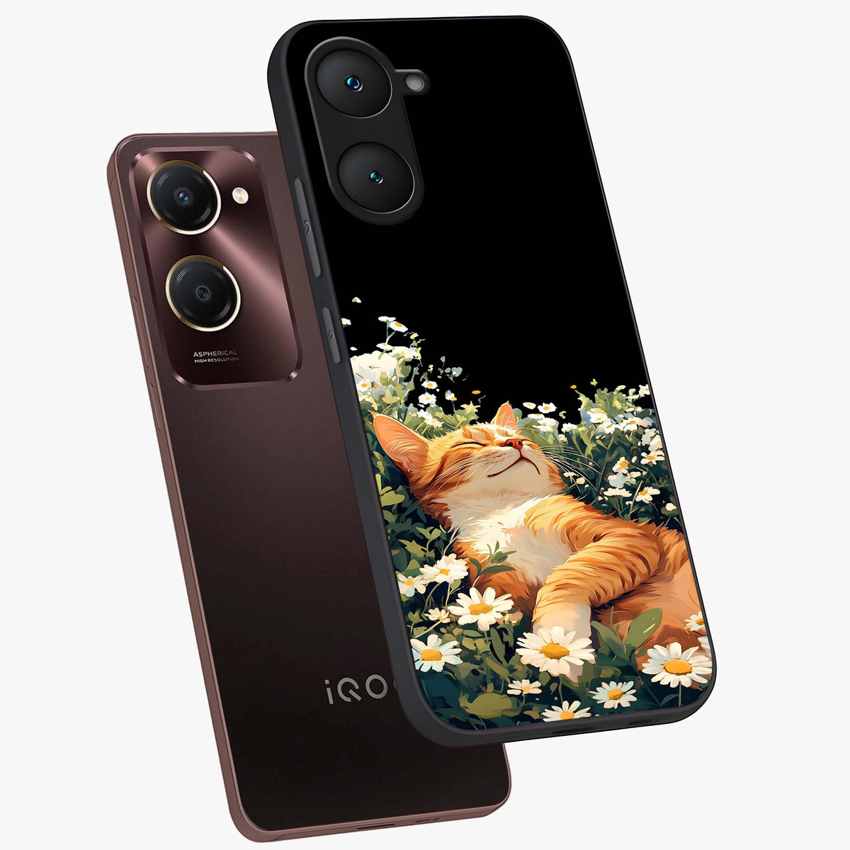 Blissful Bloom Cat Glass Case displayed in angled mockup highlighting playful feline illustration with soft floral aesthetic.