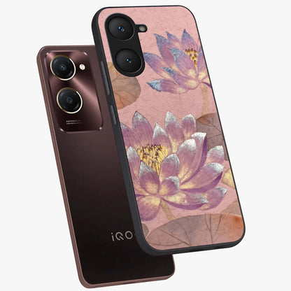Blossom Mist Lotus Glass Case displayed in angled mockup highlighting delicate lotus illustration with calm aesthetic theme.