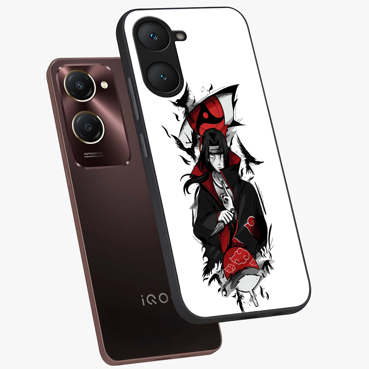 Itachi Limited Edition Naruto Anime Glass Case displayed in angled mockup highlighting dramatic anime illustration with bold action aesthetic.