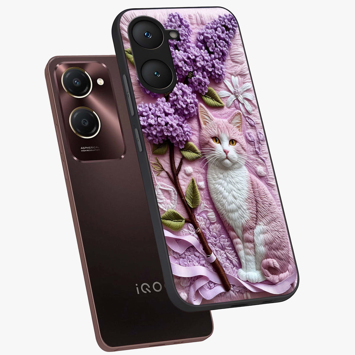 Lavender Cat Whimsy Glass Case displayed in angled mockup highlighting playful feline illustration with pastel lavender aesthetic.