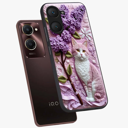 Lavender Cat Whimsy Glass Case displayed in angled mockup highlighting playful feline illustration with pastel lavender aesthetic.