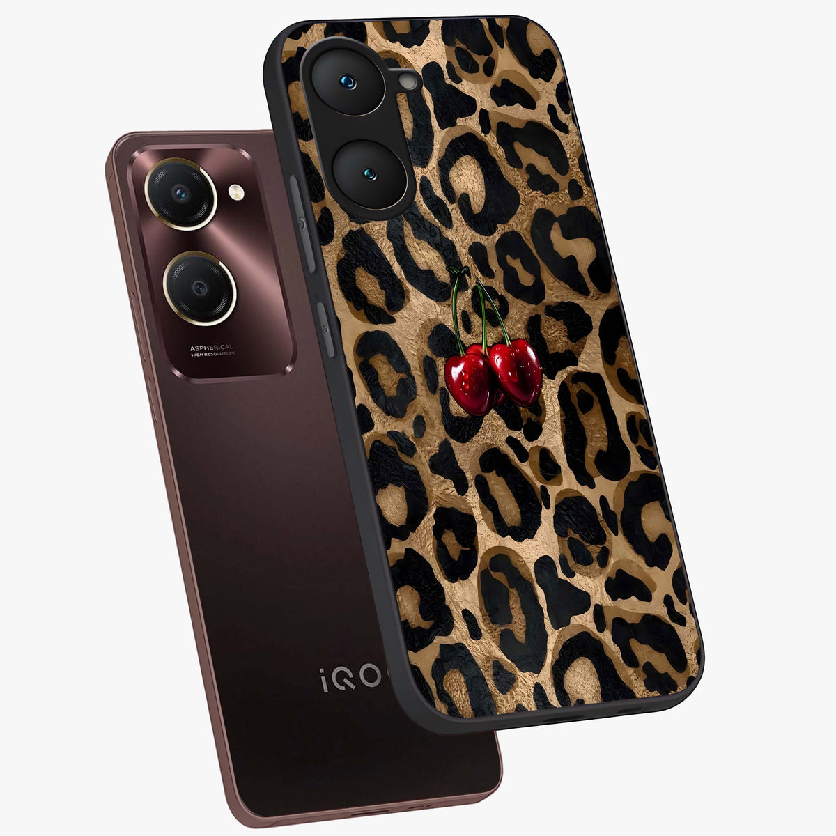 Leopard Wild Cherry Glass Case displayed in angled mockup highlighting bold animal print design with playful cherry aesthetic.