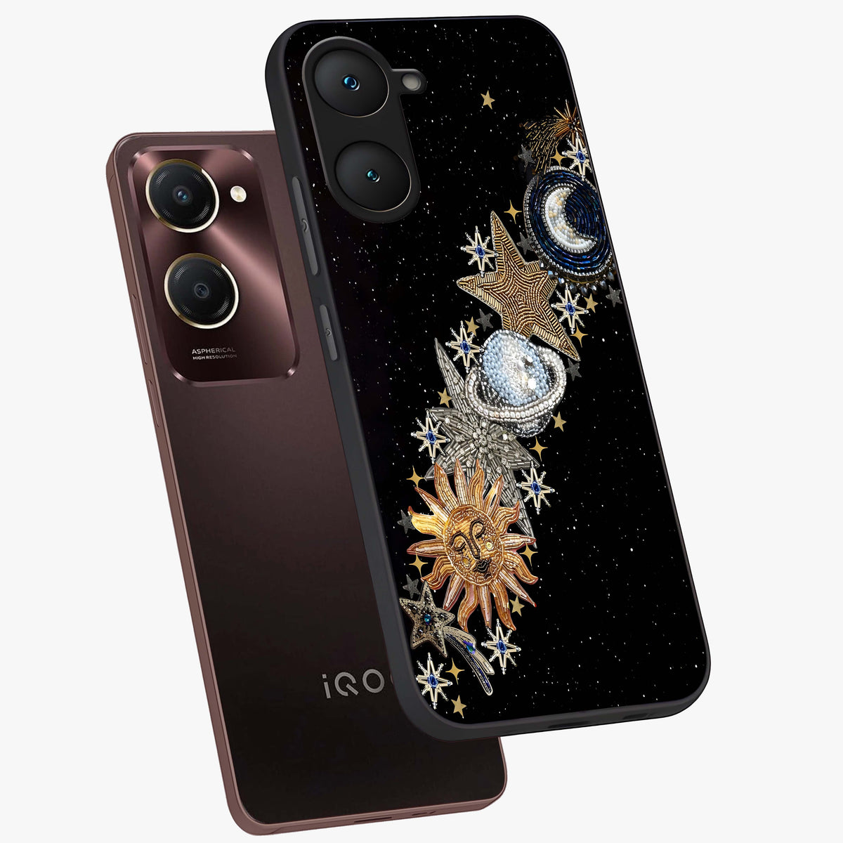 Pearls Universe Object Glass Case displayed in angled mockup highlighting celestial pearl design with dreamy aesthetic.