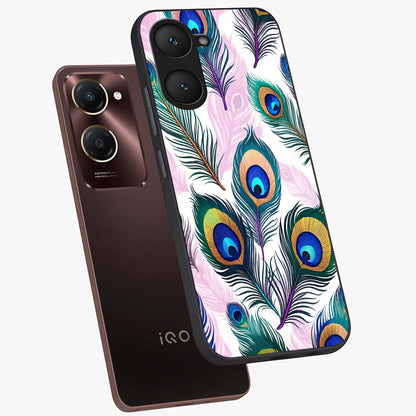 Royal Peacock Feathers Glass Case displayed in angled mockup highlighting vibrant feather pattern with regal aesthetic style.