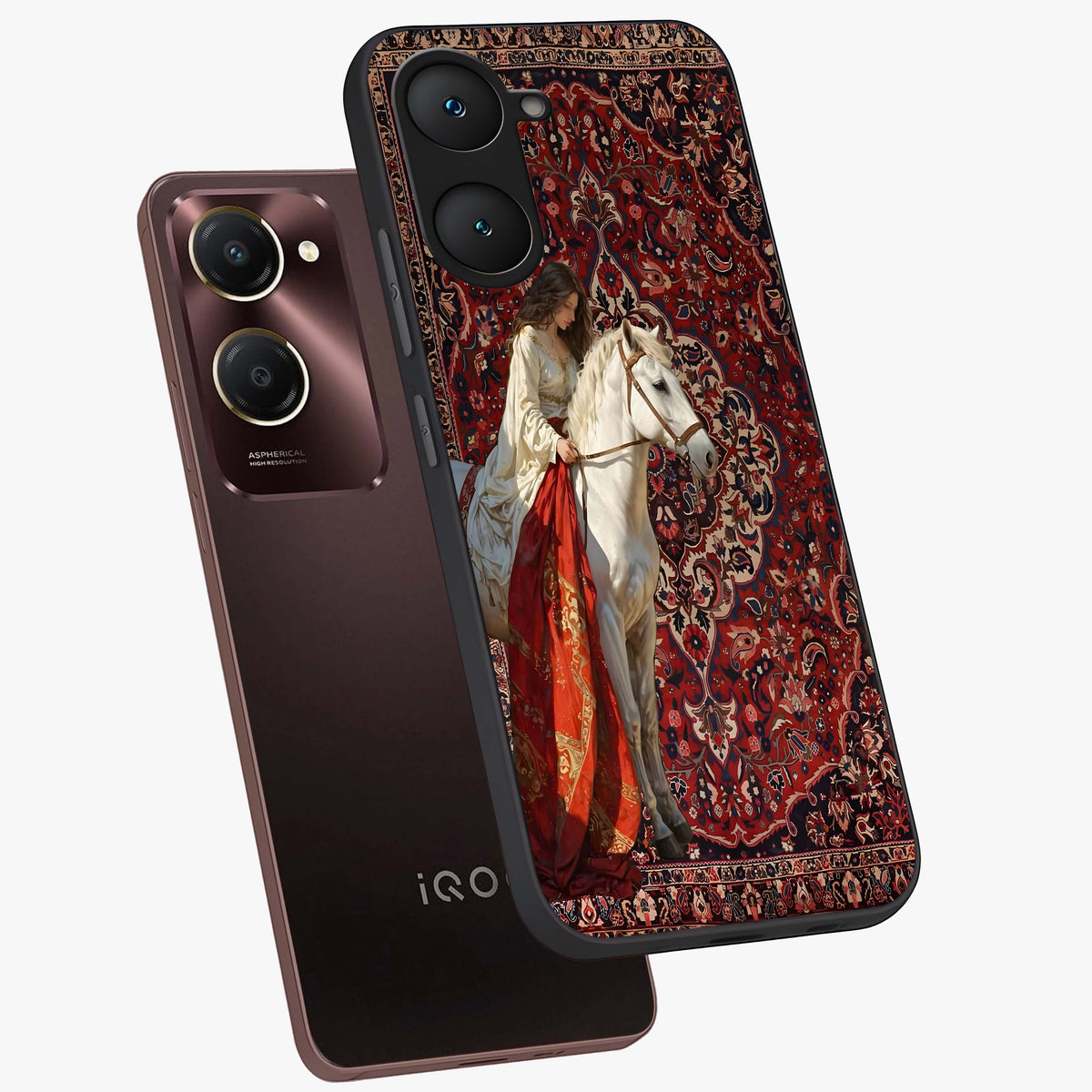 Royal Rider Tapestry Glass Case displayed in angled mockup highlighting traditional tapestry design with royal heritage aesthetic.
