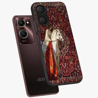 Royal Rider Tapestry Glass Case displayed in angled mockup highlighting traditional tapestry design with royal heritage aesthetic.