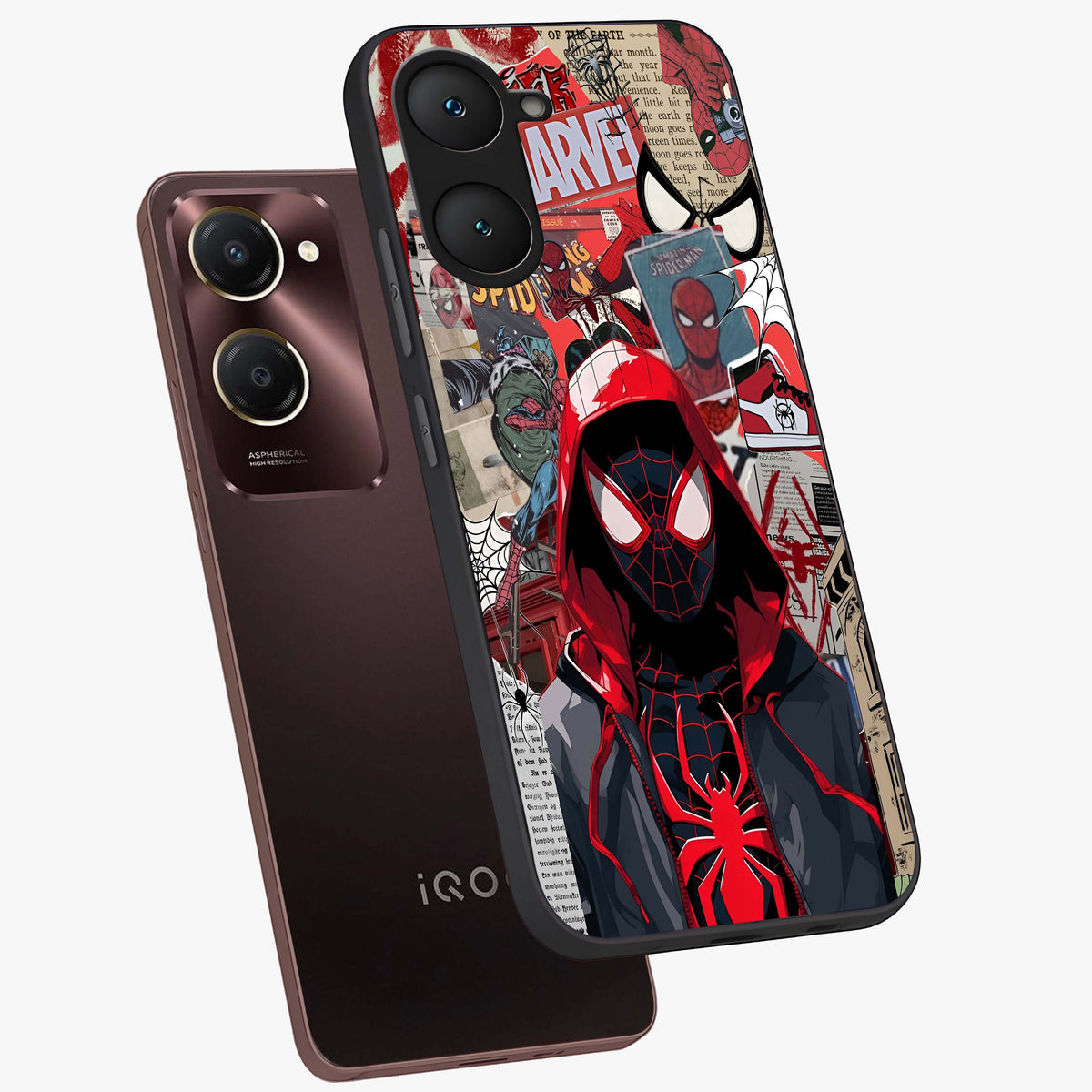 Spider Collage Street Glass Case displayed in angled mockup highlighting dynamic street style collage design with comic aesthetic.