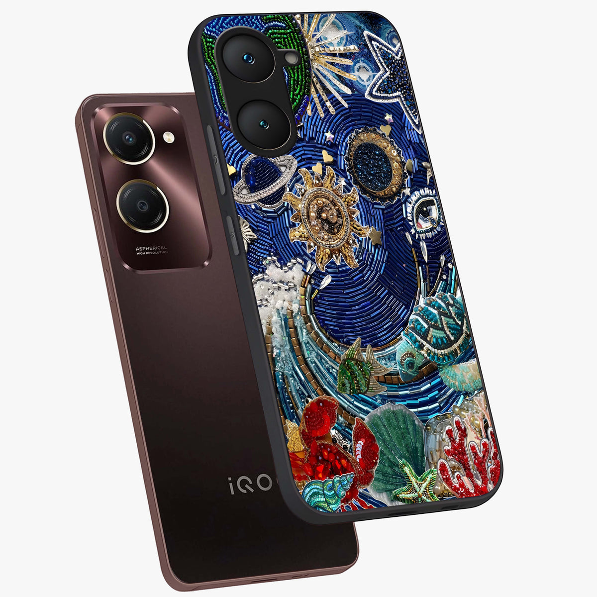 Universe Underwater Spark Glass Case displayed in angled mockup highlighting glowing aquatic design with celestial aesthetic.
