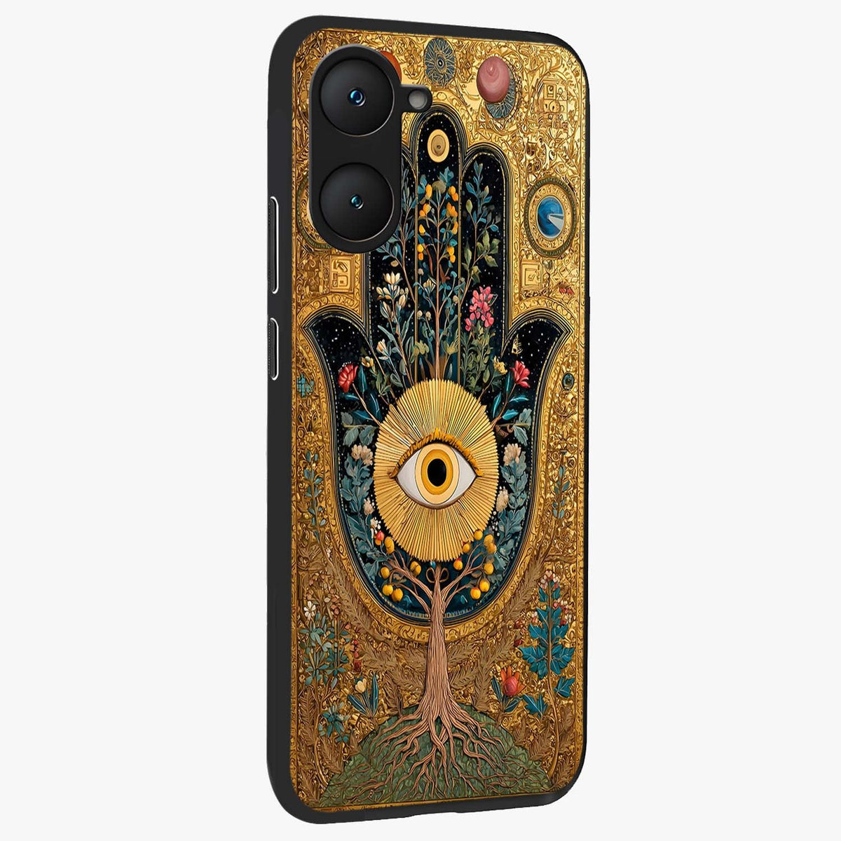 Ethereal Evil Eye Glass Case upright view showcasing celestial evil eye artwork with mystical theme.