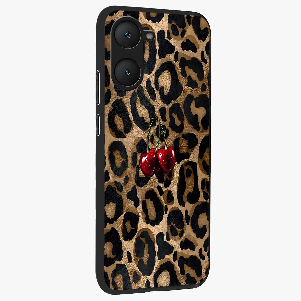 Leopard Wild Cherry Glass Case upright view showcasing stylish leopard pattern artwork with trendy fashion theme.