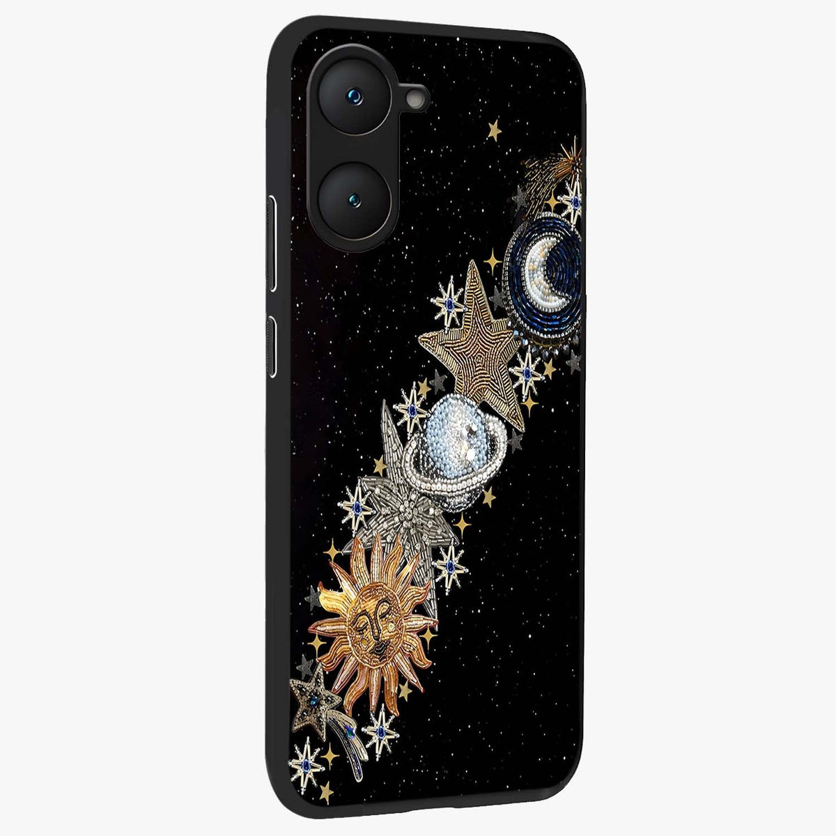 Pearls Universe Object Glass Case upright view showcasing decorative pearl themed artwork with cosmic elegance.