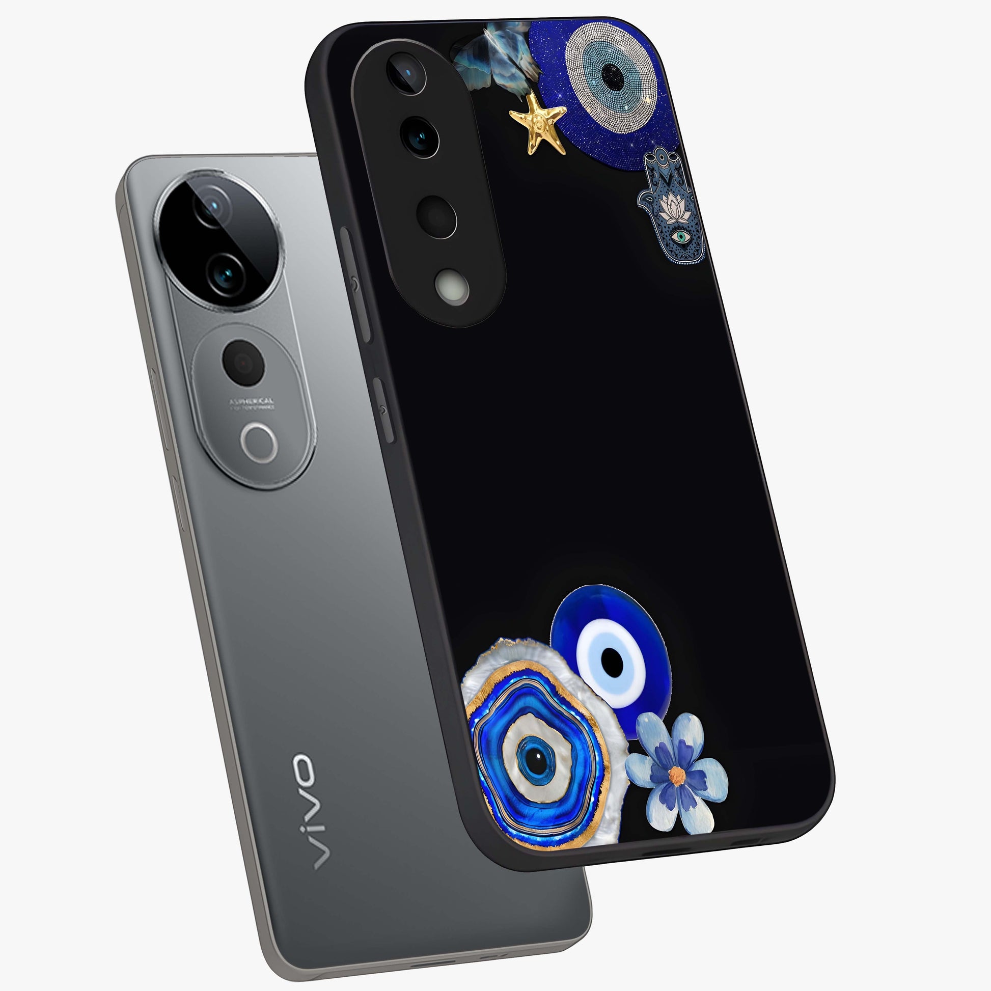 Aesthetic Blue Evil Eye Glass Case displayed in angled mockup highlighting blue evil eye symbol and spiritual aesthetic design.