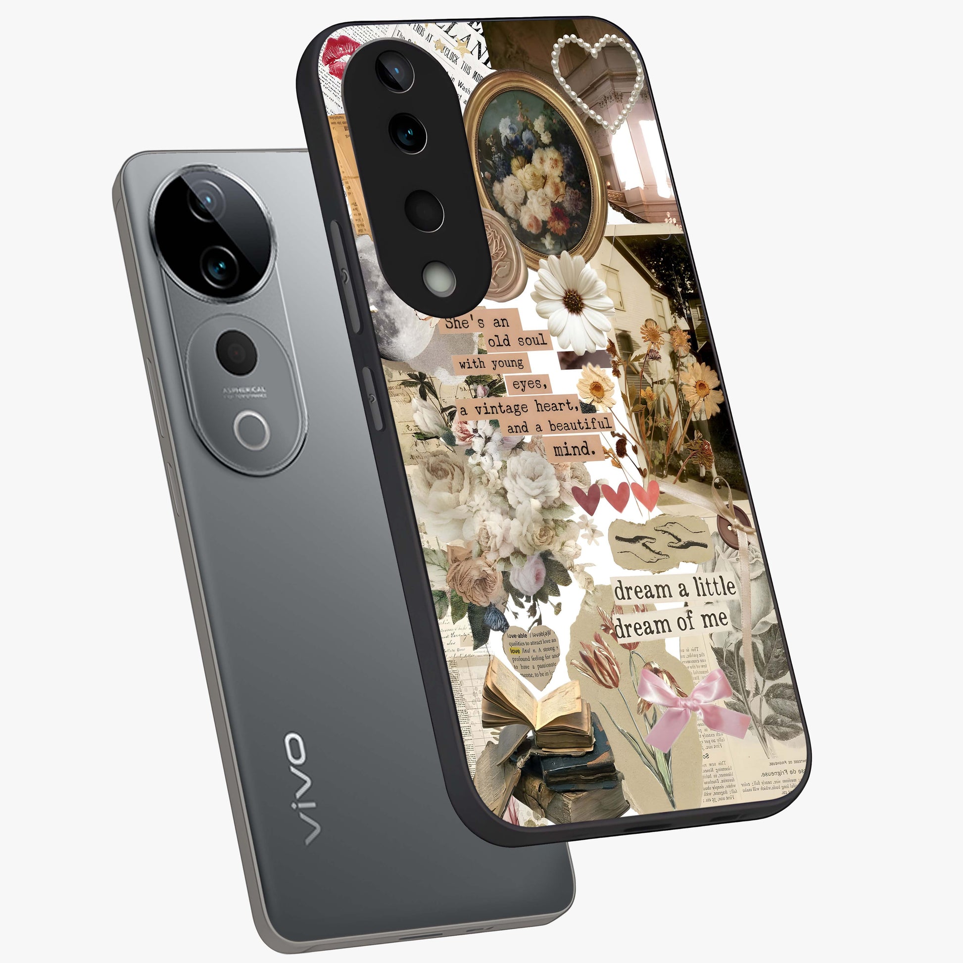 Aesthetic Brown Vintage Collage Glass Case displayed in angled mockup highlighting vintage aesthetic collage design.